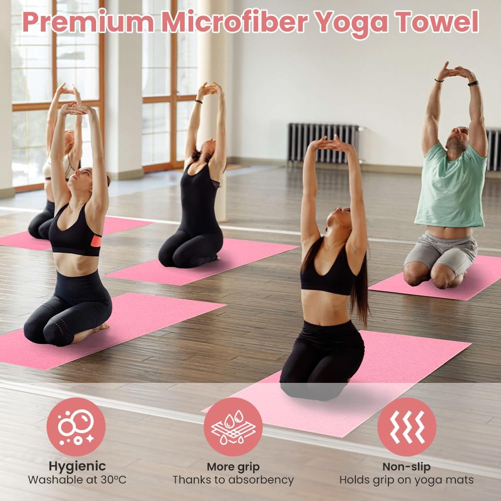 Yoga Towel, Yoga Mat Towel with Grip Dots, Microfiber Yoga Blanket Towels, Soft & Breathable, with Quick Dry Towels and Mesh Carry Bag, for Bikram, Pilates and Workout, 24" x72", Pink