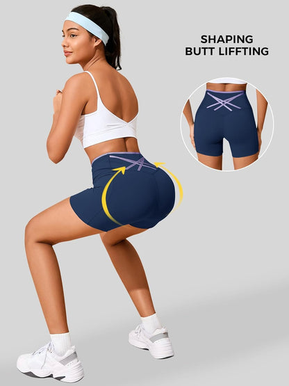 Womens Workout Biker Shorts 5" Color Block High Waisted Yoga Athletic Shorts