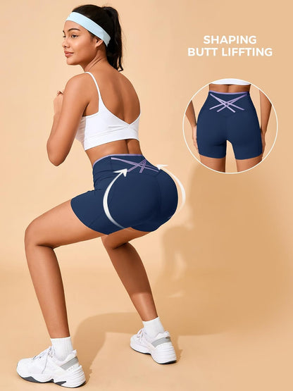Womens Workout Biker Shorts 5" Color Block High Waisted Yoga Athletic Shorts