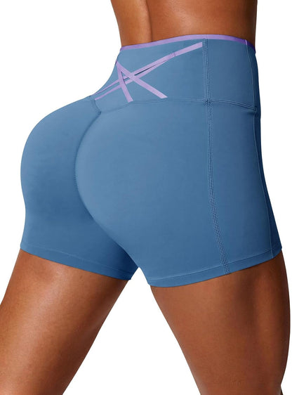 Womens Workout Biker Shorts 5" Color Block High Waisted Yoga Athletic Shorts