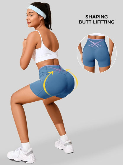 Womens Workout Biker Shorts 5" Color Block High Waisted Yoga Athletic Shorts