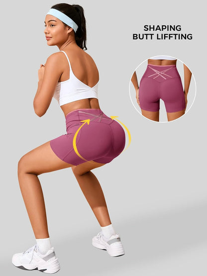 Womens Workout Biker Shorts 5" Color Block High Waisted Yoga Athletic Shorts