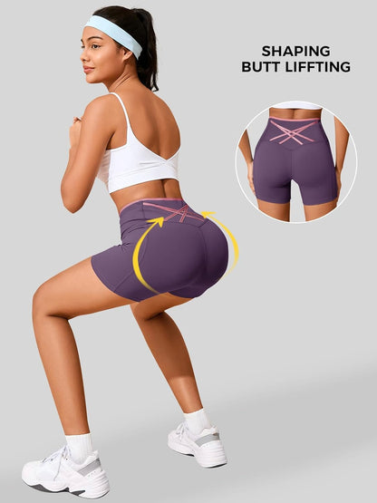 Womens Workout Biker Shorts 5" Color Block High Waisted Yoga Athletic Shorts