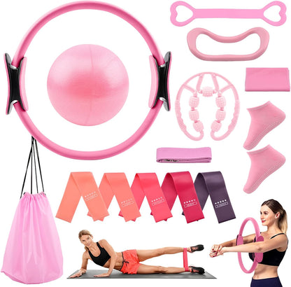 At Home Pilates Kit for Women, Home Workout Pilates Equipment Set with Pilates Ring, Ball, Resistance Band, Resistance Bands, Yoga Strap, Bag, Pilates Essentials Kit for Starter, Beginners