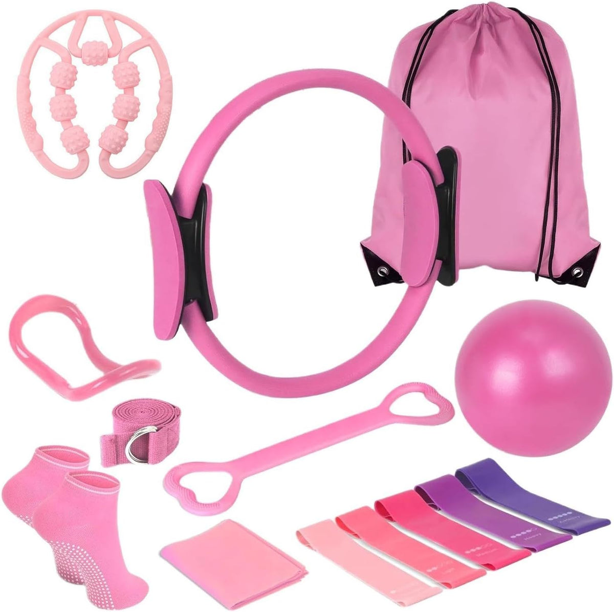 At Home Pilates Kit for Women, Home Workout Pilates Equipment Set with Pilates Ring, Ball, Resistance Band, Resistance Bands, Yoga Strap, Bag, Pilates Essentials Kit for Starter, Beginners