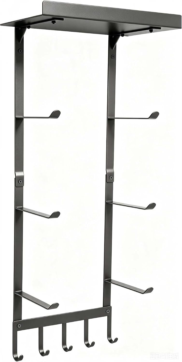 Yoga Mat Holder Wall Mount, Home Gym Storage Rack with Top Floating Shelf, 4-Tiers Holding Yoga Mat/ Blocks/ Rollers and Decorations, 5 Hooks for Resistance Bands, Skipping-Rope, Small Gym Equipment
