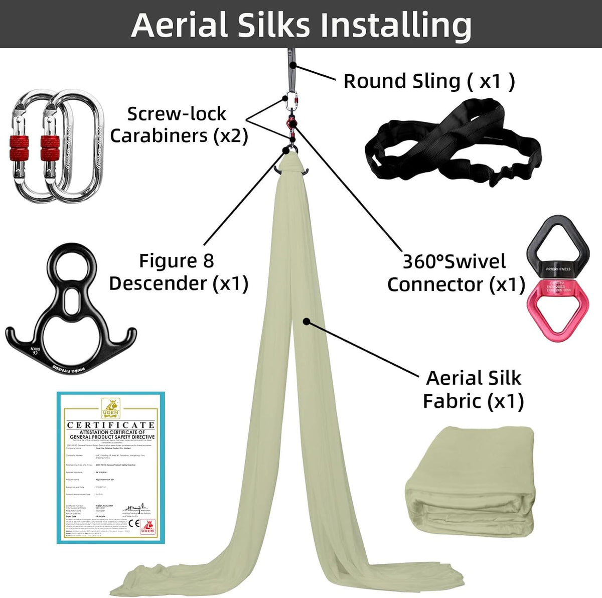 Aerial Silks Kit, SGS&CE Certified, 9/15/20Yards