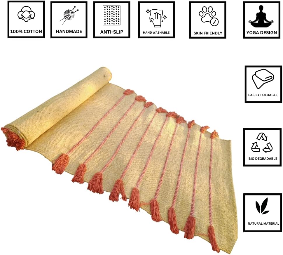 Jaipur art & Rugs Cotton Yoga Mat - Eco-Friendly Hand-Woven Rug - Non Slip & Thick (24”x72”x5mm) for Everyday Fitness at Home - Comfortable Extra-Long