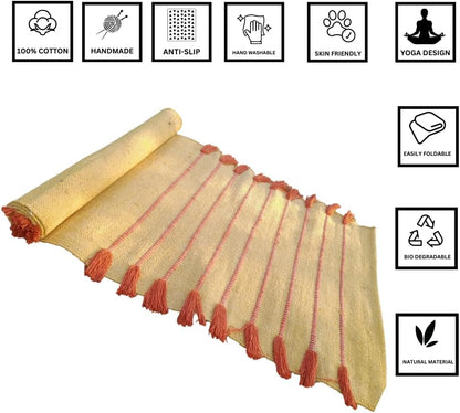 Jaipur art & Rugs Cotton Yoga Mat - Eco-Friendly Hand-Woven Rug - Non Slip & Thick (24”x72”x5mm) for Everyday Fitness at Home - Comfortable Extra-Long