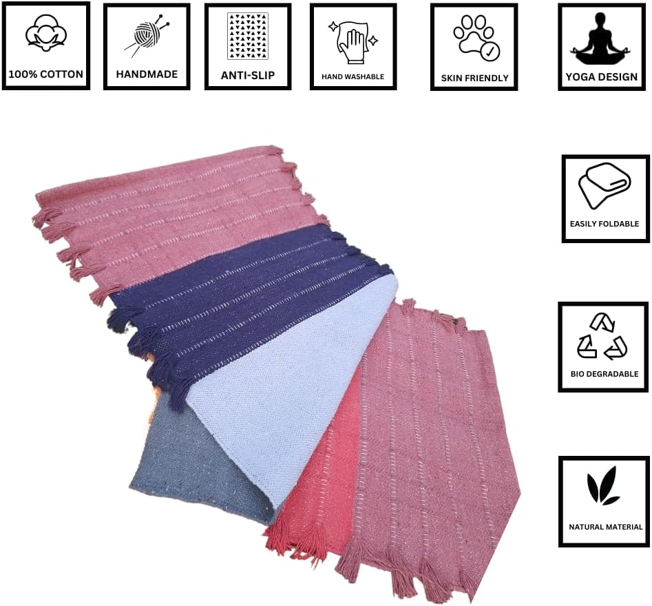 Jaipur art & Rugs Cotton Yoga Mat - Eco-Friendly Hand-Woven Rug - Non Slip & Thick (24”x72”x5mm) for Everyday Fitness at Home - Comfortable Extra-Long