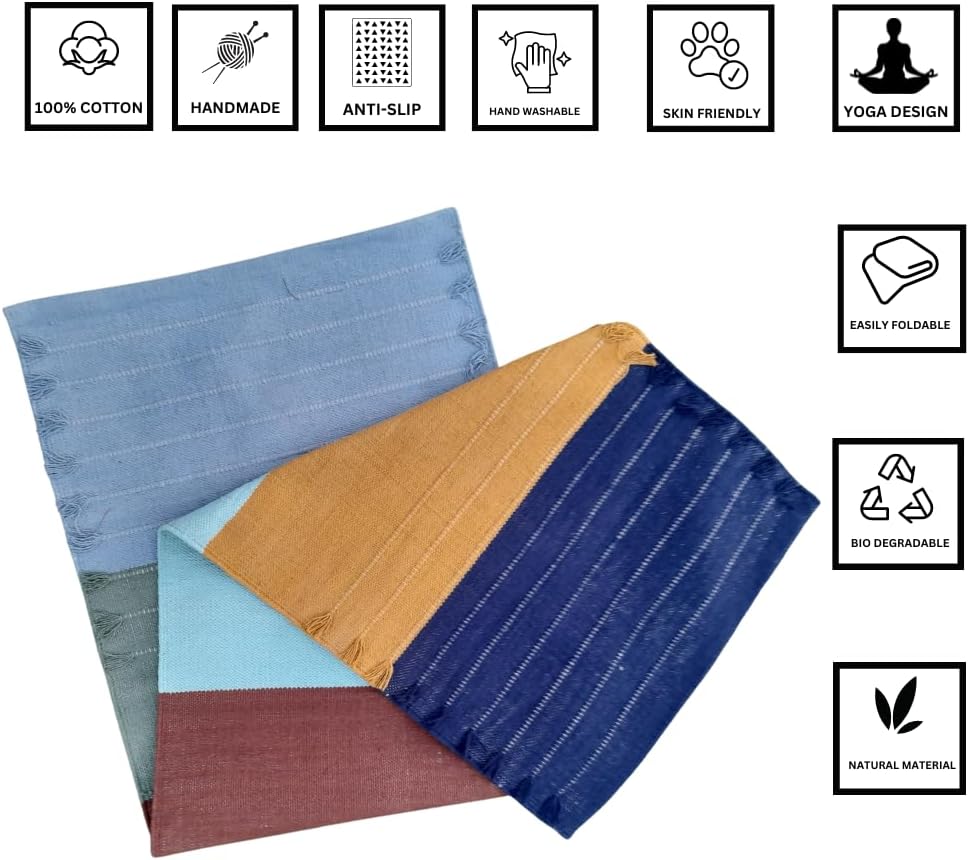 Jaipur art & Rugs Cotton Yoga Mat - Eco-Friendly Hand-Woven Rug - Non Slip & Thick (24”x72”x5mm) for Everyday Fitness at Home - Comfortable Extra-Long