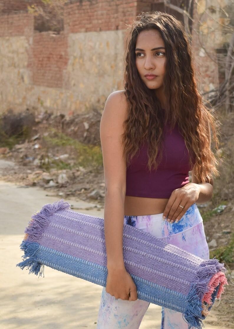 Jaipur art & Rugs Cotton Yoga Mat - Eco-Friendly Hand-Woven Rug - Non Slip & Thick (24”x72”x5mm) for Everyday Fitness at Home - Comfortable Extra-Long