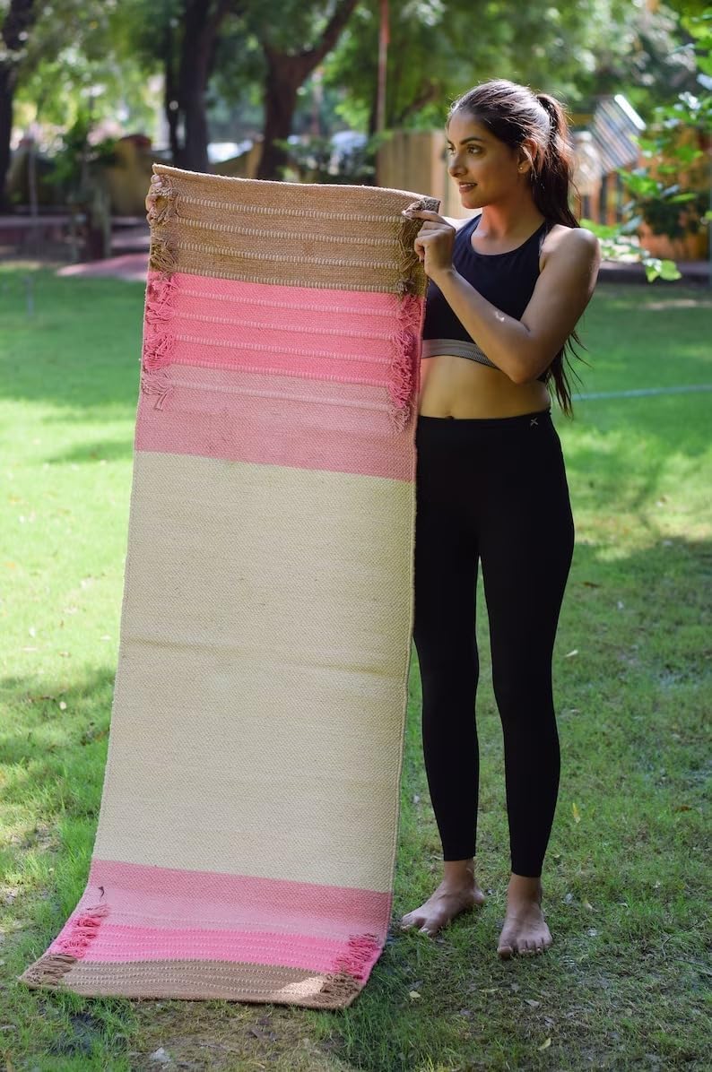 Jaipur art & Rugs Cotton Yoga Mat - Eco-Friendly Hand-Woven Rug - Non Slip & Thick (24”x72”x5mm) for Everyday Fitness at Home - Comfortable Extra-Long