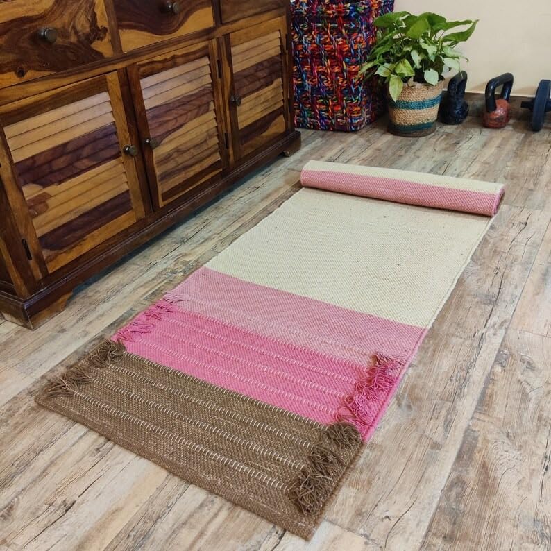 Jaipur art & Rugs Cotton Yoga Mat - Eco-Friendly Hand-Woven Rug - Non Slip & Thick (24”x72”x5mm) for Everyday Fitness at Home - Comfortable Extra-Long