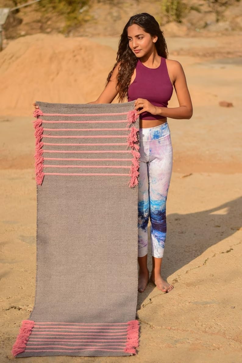 Jaipur art & Rugs Cotton Yoga Mat - Eco-Friendly Hand-Woven Rug - Non Slip & Thick (24”x72”x5mm) for Everyday Fitness at Home - Comfortable Extra-Long