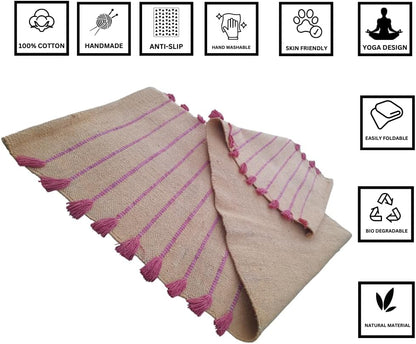 Jaipur art & Rugs Cotton Yoga Mat - Eco-Friendly Hand-Woven Rug - Non Slip & Thick (24”x72”x5mm) for Everyday Fitness at Home - Comfortable Extra-Long