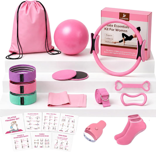 Home Pilates Kit for Women & Men | 15Pcs Better Me Pilates Kit with 14 Inches Pilates Ring and Ball Set, Resistance Bands, Core Sliders, Bag - Full Body Exercise Home Pilates Workout Kit