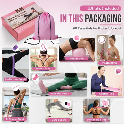 Home Pilates Kit for Women & Men | 15Pcs Better Me Pilates Kit with 14 Inches Pilates Ring and Ball Set, Resistance Bands, Core Sliders, Bag - Full Body Exercise Home Pilates Workout Kit