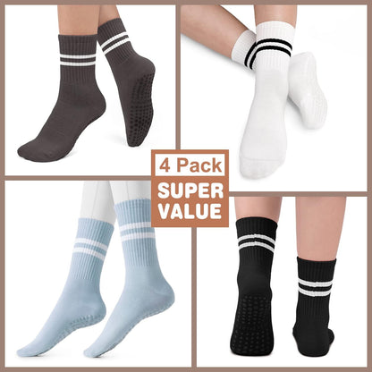 Pilates Socks for Women, Non Slip Grip Socks for Yoga, Barre, Hospital, Grippy Socks Womens Gifts, 4 Pairs