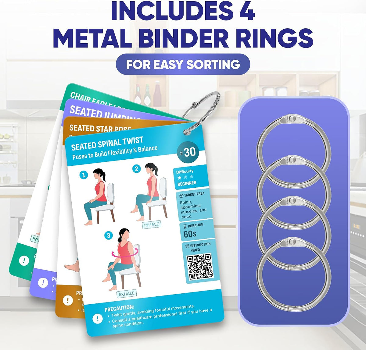 [100+ BIG CARDS] Chair Yoga for Seniors Over 60 - Chair Yoga Cards with Step-by-step Guides Full HD Videos, 28 Days Challenge for 3 Levels, Bonus 4 Rings & Wooden Base, Chair Exercises for Senior