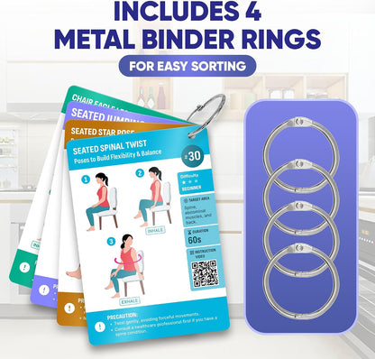[100+ BIG CARDS] Chair Yoga for Seniors Over 60 - Chair Yoga Cards with Step-by-step Guides Full HD Videos, 28 Days Challenge for 3 Levels, Bonus 4 Rings & Wooden Base, Chair Exercises for Senior