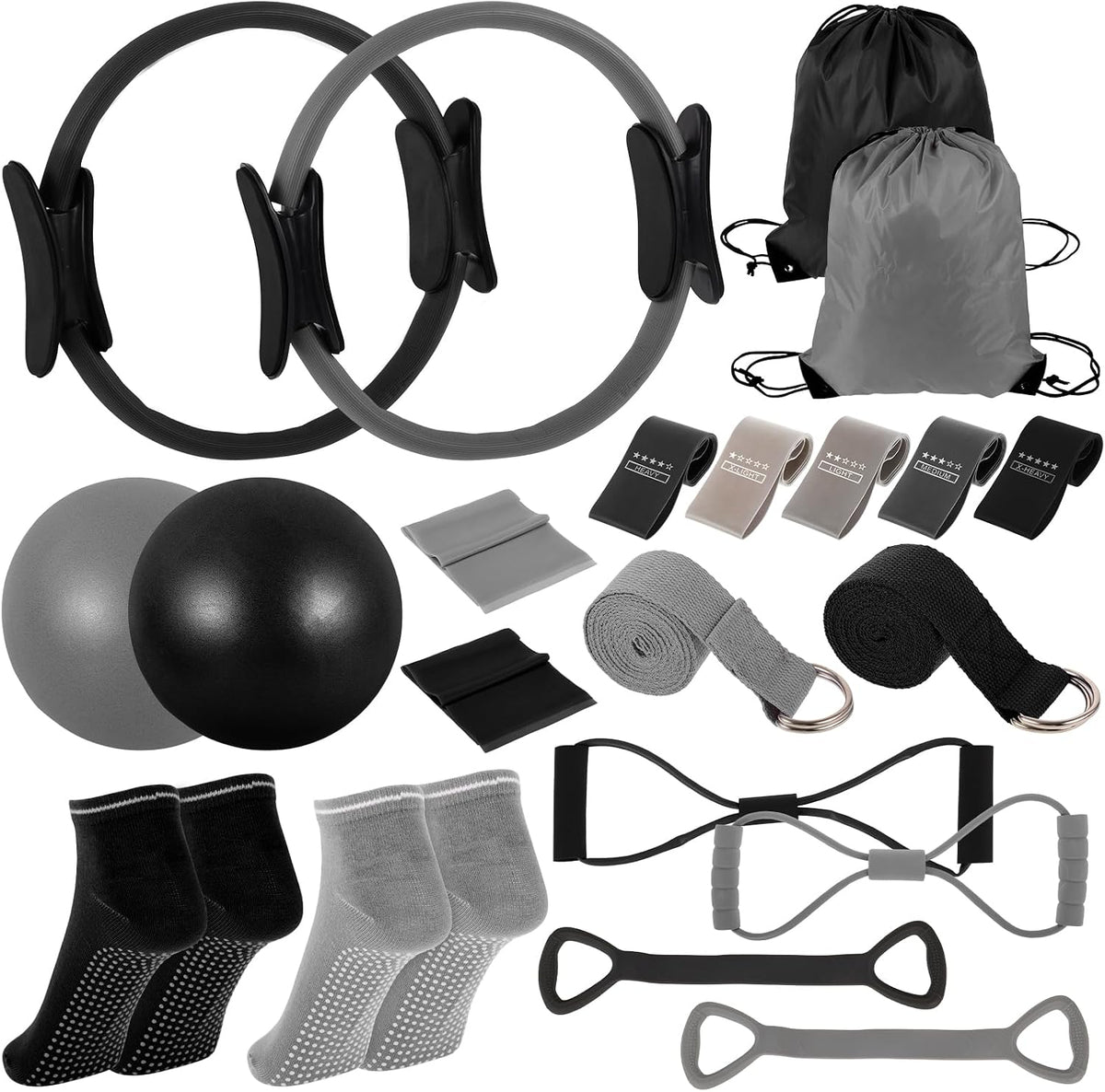 21 Pcs Pilates Ring Circle Set for Women, Includes Ball Yoga, Ring Stretching, Strap Bands, Non Slip Socks, Back Bags for Workout, Commonly Used for Yoga, Pilates, Stretching, Fitness(Black,Gray)
