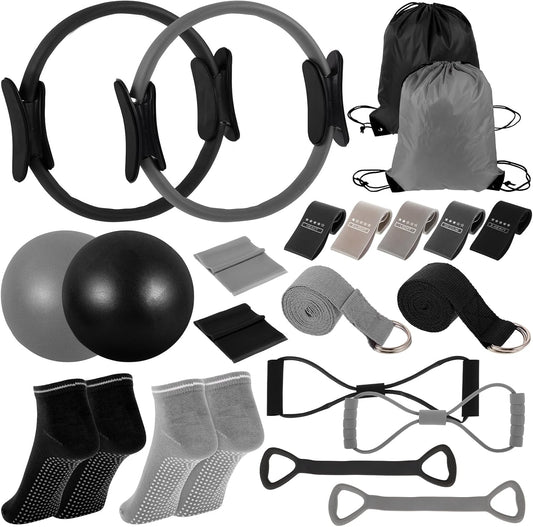 21 Pcs Pilates Ring Circle Set for Women, Includes Ball Yoga, Ring Stretching, Strap Bands, Non Slip Socks, Back Bags for Workout, Commonly Used for Yoga, Pilates, Stretching, Fitness(Black,Gray)