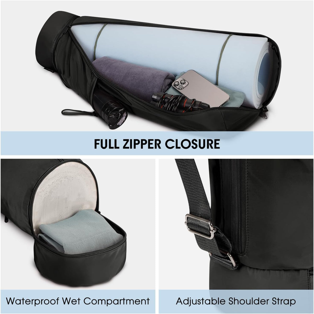Yoga Mat Carrier Bag for Women, Full-Zip Pilates Bag with Pockets