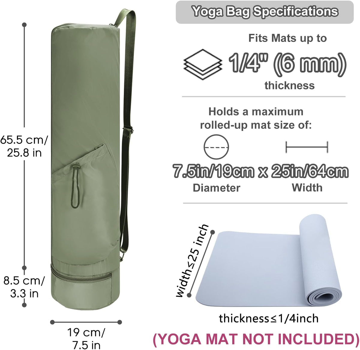 Yoga Mat Carrier Bag for Women, Full-Zip Pilates Bag with Pockets