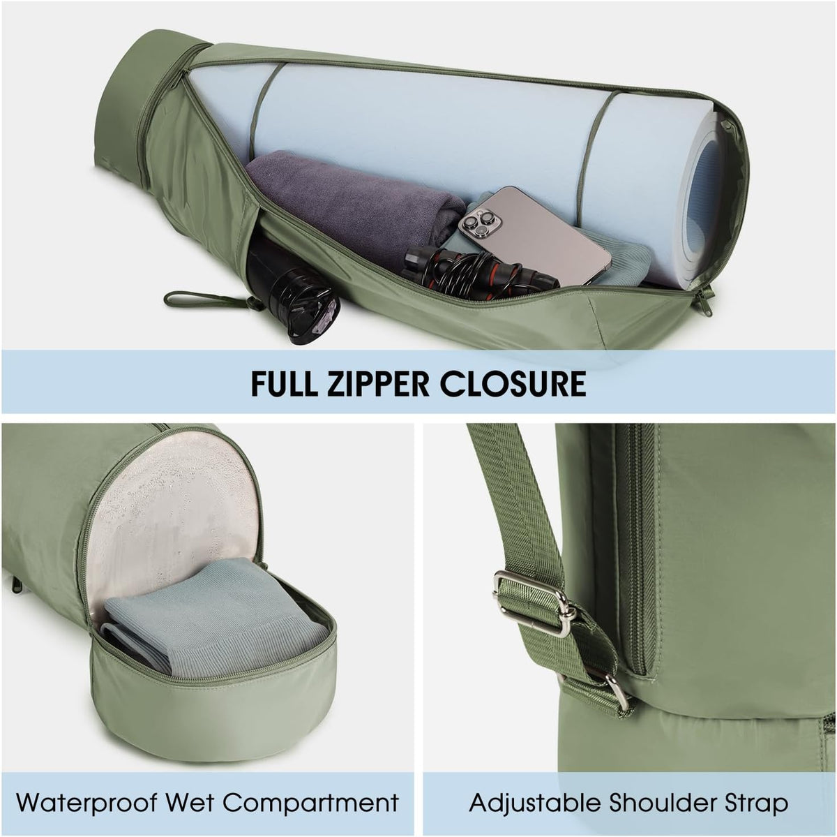 Yoga Mat Carrier Bag for Women, Full-Zip Pilates Bag with Pockets