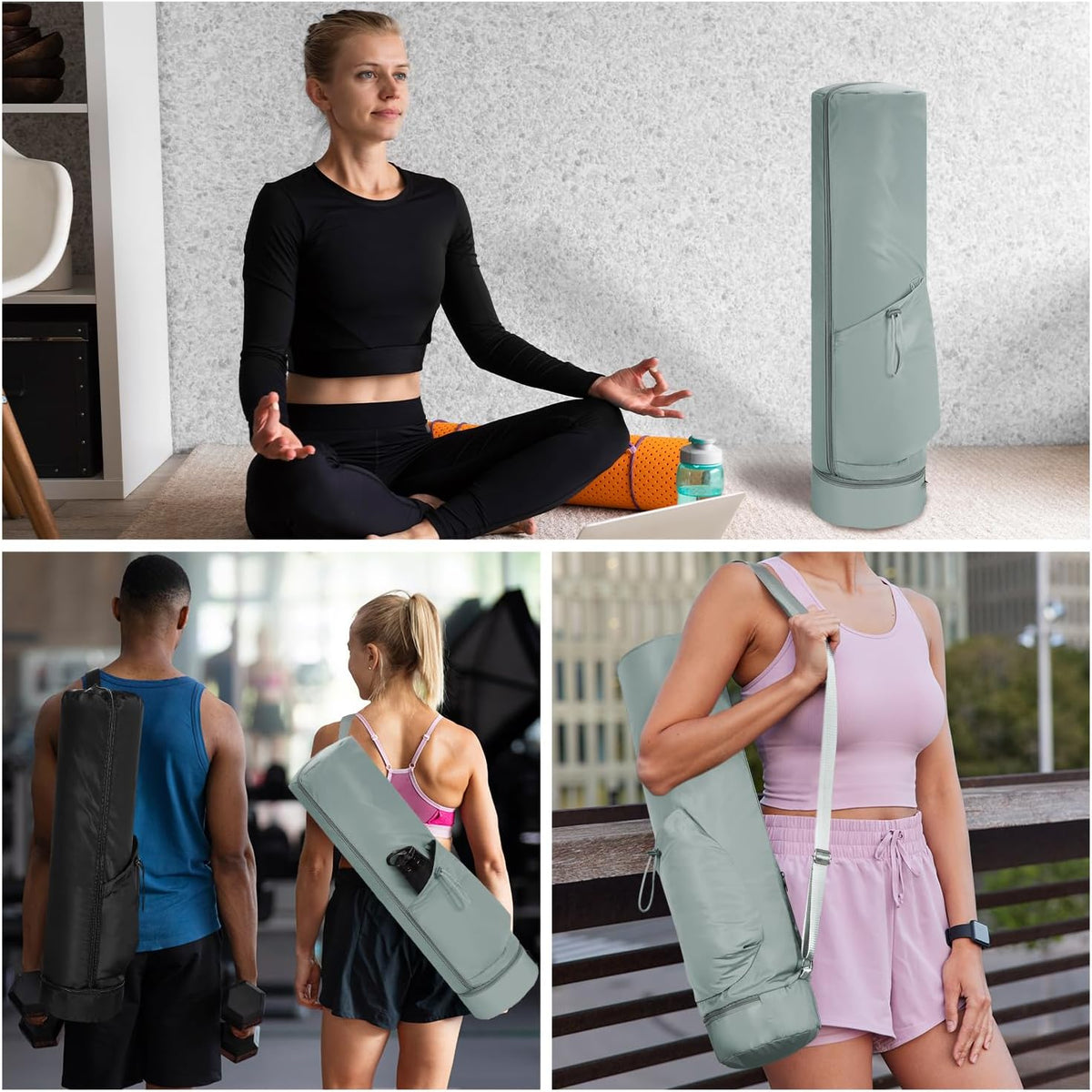 Yoga Mat Carrier Bag for Women, Full-Zip Pilates Bag with Pockets