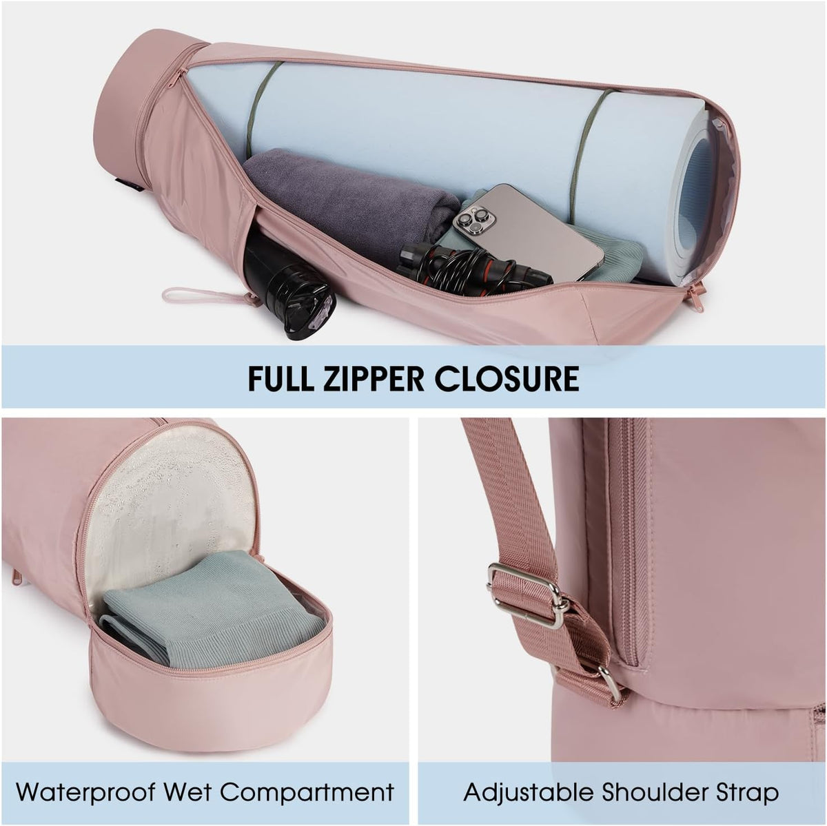 Yoga Mat Carrier Bag for Women, Full-Zip Pilates Bag with Pockets