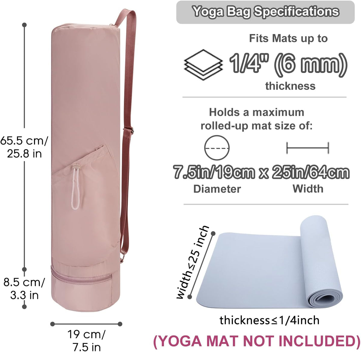 Yoga Mat Carrier Bag for Women, Full-Zip Pilates Bag with Pockets