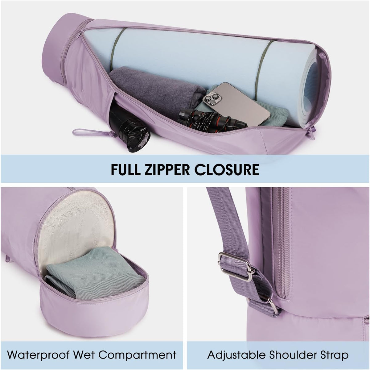 Yoga Mat Carrier Bag for Women, Full-Zip Pilates Bag with Pockets