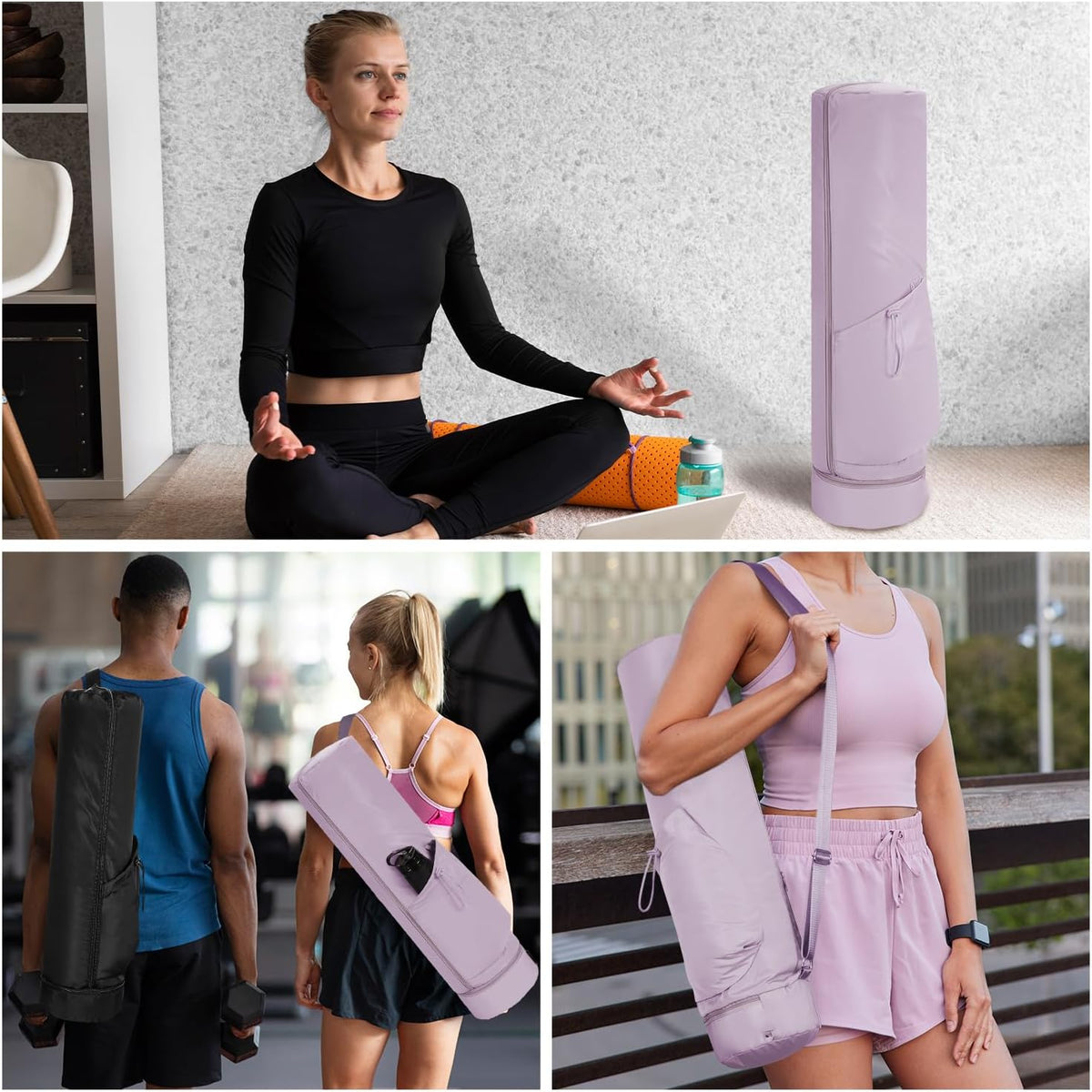 Yoga Mat Carrier Bag for Women, Full-Zip Pilates Bag with Pockets